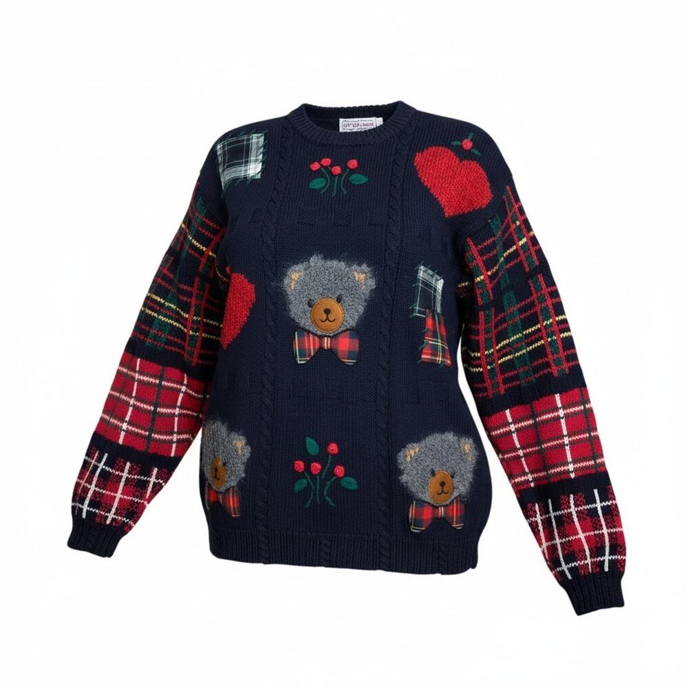 PBJ Sport 90s Navy Teddy Bear Plaid KnitSweater | M Novelty Holiday Ulgy Sweater